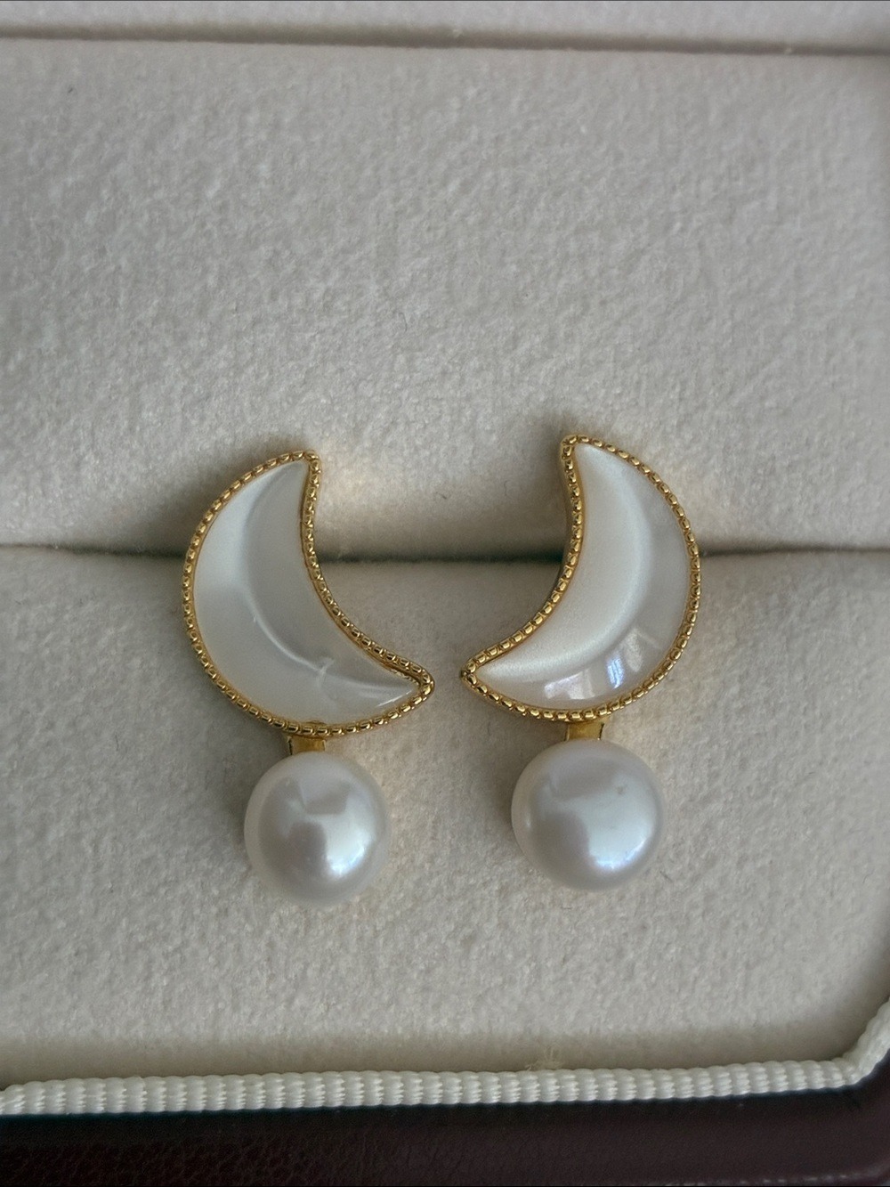 Gold-Tone Crescent Moon Earrings with White Pearl Drops